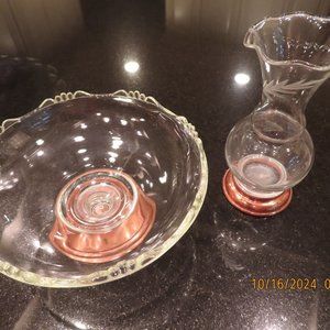 Vintage MCM Copper Craft Candy Bowl & Etched Bud Vase